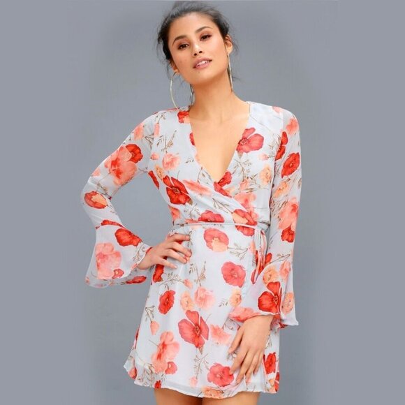 Lulus ✦ Petals of Honor Wrap Dress ✦ Light Blue Floral Chiffon Bell Sleeves S - Picture 1 of 14